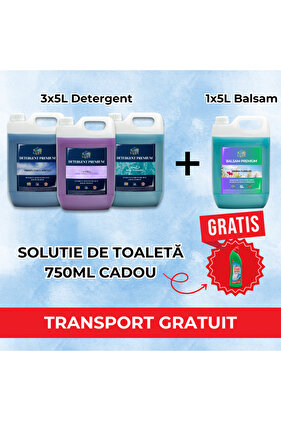 Detergent Lichid 15L + Balsam 5L + Soluție Toaletă Cadou – Curățenie Totală și Prospețime de Durată