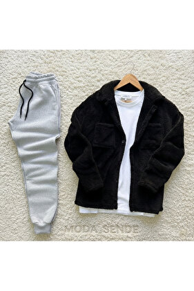 Pánská kapesní detailní plyšová košile a tepláková souprava, horní a spodní díl