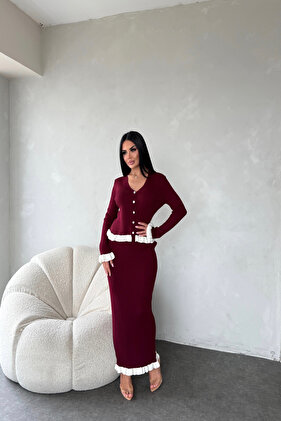 Premium Two-Piece Knitwear Set with V-Neck, Ruffled Sleeves and Skirt