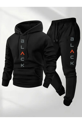 Uniszex fekete nyomott mintás kapucnis pulóver és Jogger melegítőnadrág - alsó felső szett
