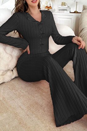 Siyah Yumuşak Pamuklu Fiyonk Detaylı Uzun Pijama Takımı