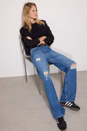 Blue Ripped High Waist Wide Leg Wide Leg 100% Cotton Non-Stretch Jeans Twoss24Je00199