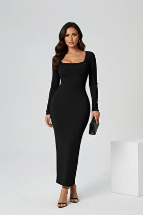 Černé elegantní midi šaty s dlouhým rukávem a úzkým střihem z lycry s čtvercovým výstřihem