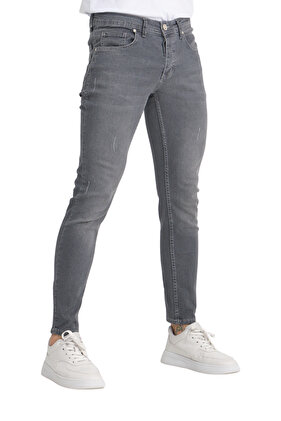 بنطلون جينز رجالي رمادي اللون بقصة ضيقة وأزرار