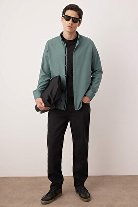 Dark Green Slim Fit Epaulettes Shirt - Long Sleeve, 100% Cotton, Tmnss20Go0189