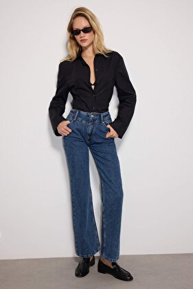 Dark Blue Waist Detailed High Waist Wide Leg Jeans TWOSS21JE0385