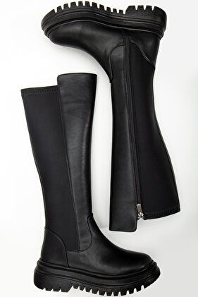 Dámské černé kožené kozačky na zip pod kolena, denní obuv s pružnými detaily