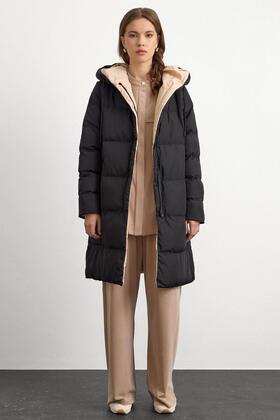 Kapüşonlu İki Renkli Çift Taraflı Şişme Mont SİYAH-TAŞ 5371