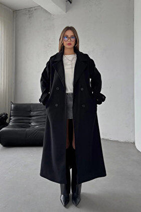 Black Belted New Season Lined Premium Quality Comfortable Fit Women's Cashmere Coat