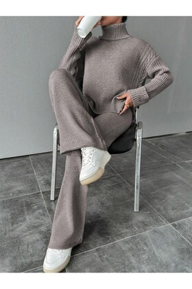 Women's Corded Fabric Collar Hair Knit Patterned Side Slit Knitwear Set Anthracite - Dark Gray