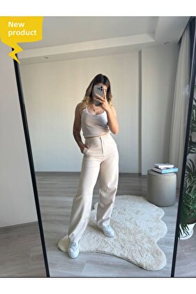 Kumas Baggy Beige Buckle Women's Pants Super High Waist Black Pants the Key to Elegance Buckle Date