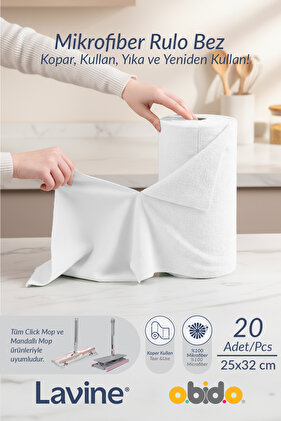 (20'li Rulo) Lavine Çok Amaçlı %100 Mikrofiber Temizlik Bezi "beyaz" 25x32 Büyük Ebat Kopart Kullan