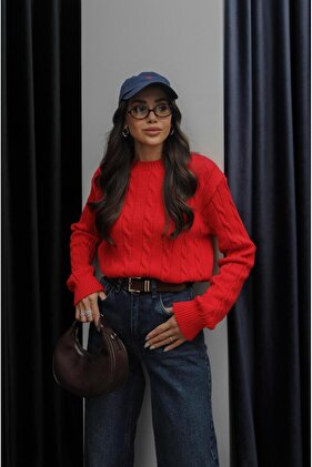 Vörös hajfonatos kötött pulóver