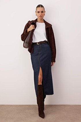 Sötétkék hasított maxi farmer szoknya TWOAW26ET00144