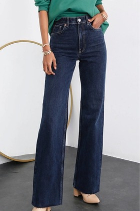 Luka sötétkék lycra extra magas derekú Palazzo laza farmer nadrág