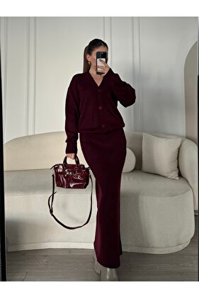 V-Necklace Buttoned Long Skirt 2-Piece Cardigan Set
