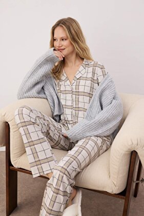 طقم بيجامة محبوكة باللون البيج 100% قطن - THMAW20PT0266