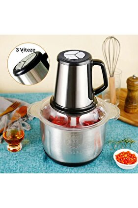 TurboChef Electric Chopper – 3L Stainless Steel Bowl, 4 Blades, 1000W Motor, Meat and Vegetables