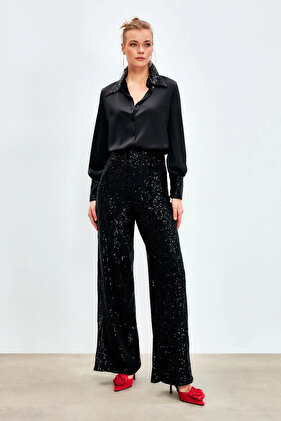 Belted Sequin Trousers - Black