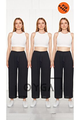 3'lü Siyah Kadın Fitilli Raporlu Pantolon & Eşofman, Gündelik Ev Giyim Pijama