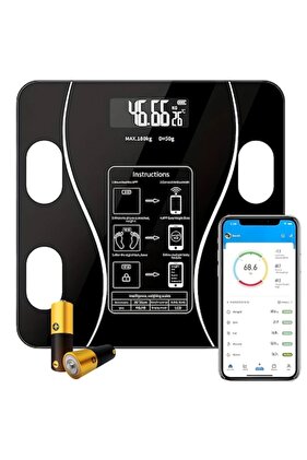 Cântar corporal inteligent premium cu aplicație, 180 kg, afișaj iluminat (negru)