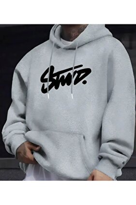 Kézzel írt, nyomott mintás kapucnis szürke pulóver