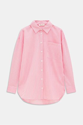 Pembe Bürümcük Detaylı Çizgili Gömlek