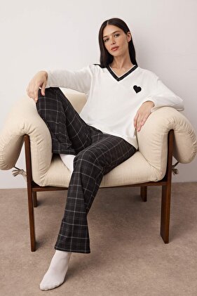 Czarny komplet piżamy z dzianiny w kratkę w 100% z bawełny THMAW26PT00063