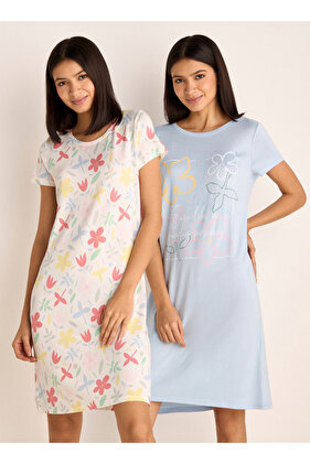 طقم من قطعتين - قميص نوم بطبعة زهور ورقبة دائرية وأكمام قصيرة