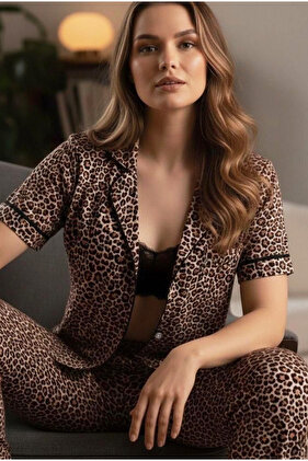 طقم بيجامة من القطن الفهد بأزرار