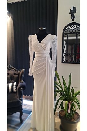 إكرو أبيض، خط عنق مزدوج الصدر، فتحة، فستان خطوبة وحفلات الزفاف