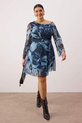 Blaues, asymmetrisches, gemustertes Tüll-Strickkleid in Übergröße TBBAW26AH00067