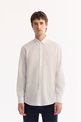 قميص رجالي أبيض بياقة بأزرار 100% من القطن والكتان 002141