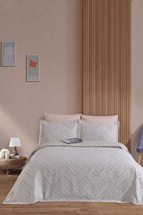 Petra Yatak Örtüsü Takımı Çift Kişilik Keten Görünümlü 3 Parça (240x230 cm) Ekru