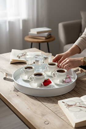 صينية مستديرة بمقبض خشبي أبيض مجلفن 37 سم