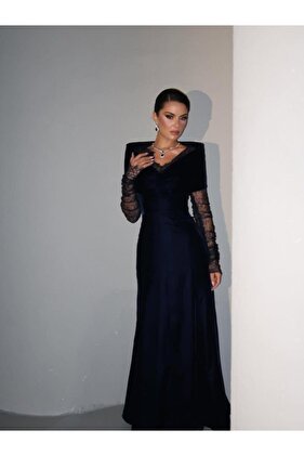 فستان سهرة أنيق شتوي لون كحلي