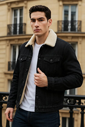 Мъжка зимна ежедневна яке от деним с подплата от флийс, черно