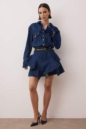X Sagaza Studio Blue A-Line Shirt Collar Denim Short Dress Tpraw22El1989