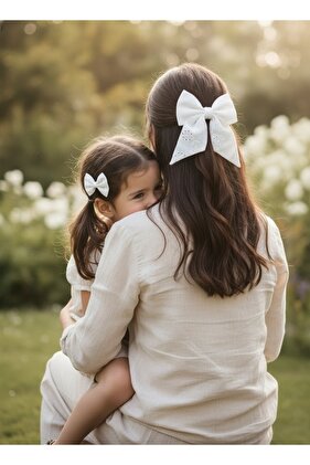 مشبك مصنوع يدويًا للأم والابنة، ومشبك على شكل فيونكة بيضاء أوتوماتيكية ومجمع كير