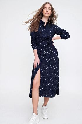 Kobieta Ocean Blue Dotted Pattern Woven Viscon Shirt Dress Alc-X6247