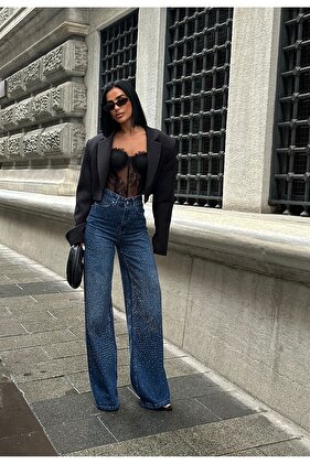 Pantaloni de damă Jean talie înaltă Palazzo Stretch din denim