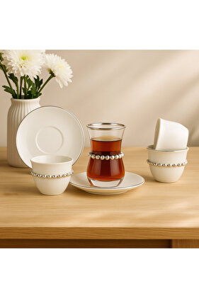 طقم فناجين شاي وقهوة 36 قطعة - ابيض - فضي