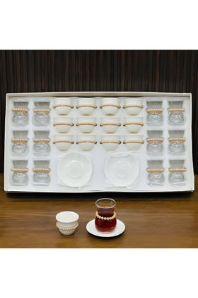 طقم فناجين شاي وقهوة 36 قطعة - ابيض -خشبي