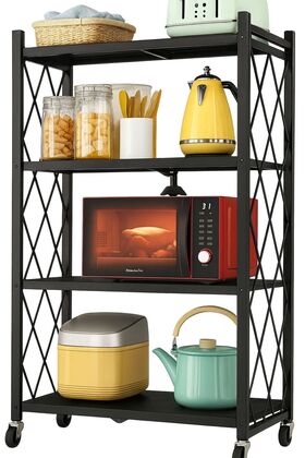 رف تخزين مطبخ حديدي بأربع طبقات مع عجلات، قابل للطي