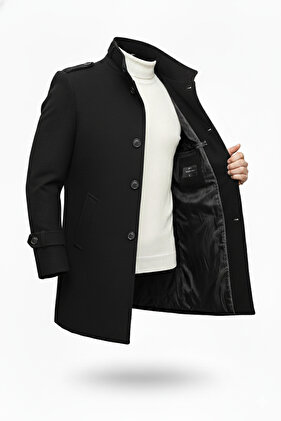 Men's Black Slim Fit Long Cashmere Coat