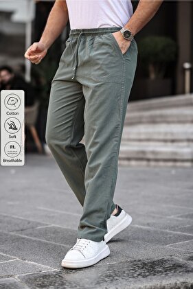 Khaki Color Men's Summer Linen Blend Relaxed Trousers