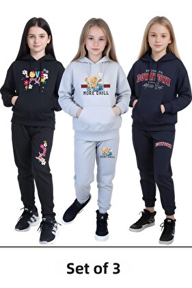 Girl's Kangaroo Patterned 3-Piece Tracksuit Set - Pocket and Print Detail