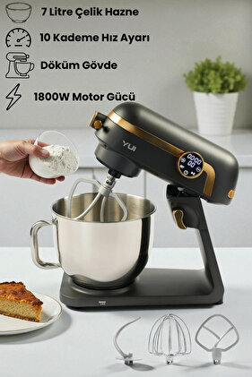 M123 Easy Chef 1800W Stand Mikser 7 Lt Dokunmatik Ekran Alüminyum Döküm Koyu Gri/Gold