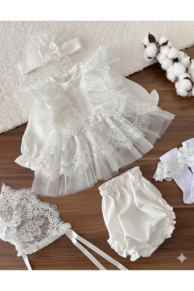 فستان طفل مولود من القطن بالدانتيل