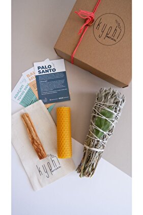 Enerji Başlangıç Seti: Adaçayı Tütsü Demeti, Palo Santo Ağaç Tütsü, Balmumu Mum